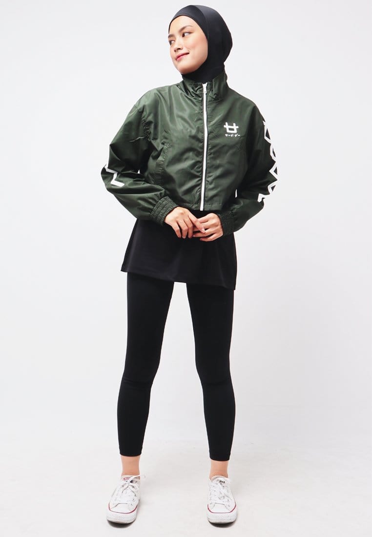 Third Day LO025 Jaket Sporty Parka Crop Wanita Parasit Zigzag Green Army Putih