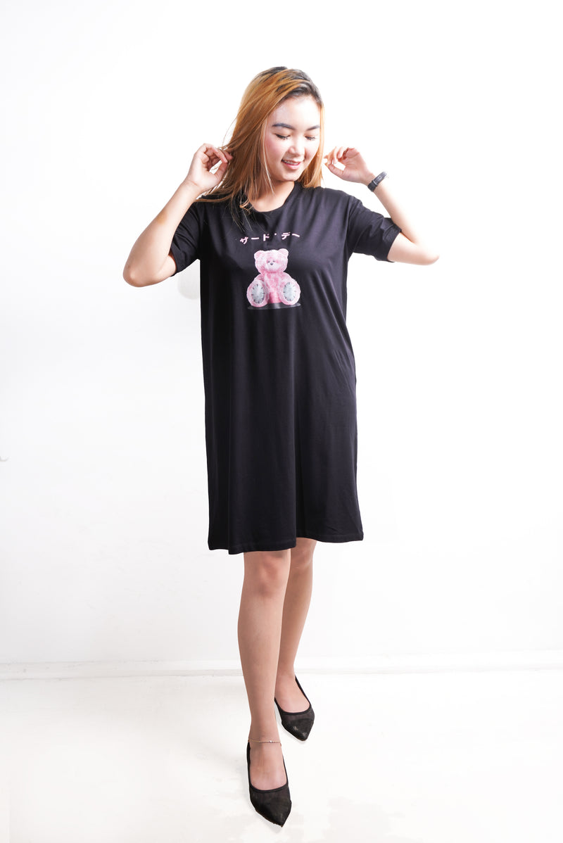 TDLA LC037 LD long Dress beruang pink hitam