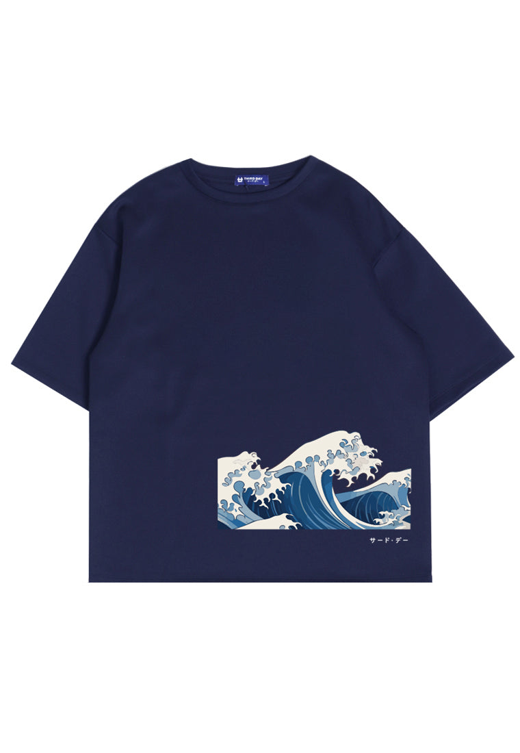 MTP44 kaos oversize gambar jepang "japanese wave" katakana bahan scuba tebal pria navy