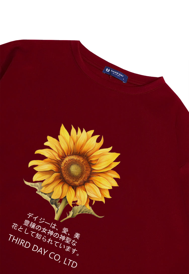 MTP72 kaos oversize flower sunflower bunga matahari bahan tebal scuba pria "big sunflower" merah maroon