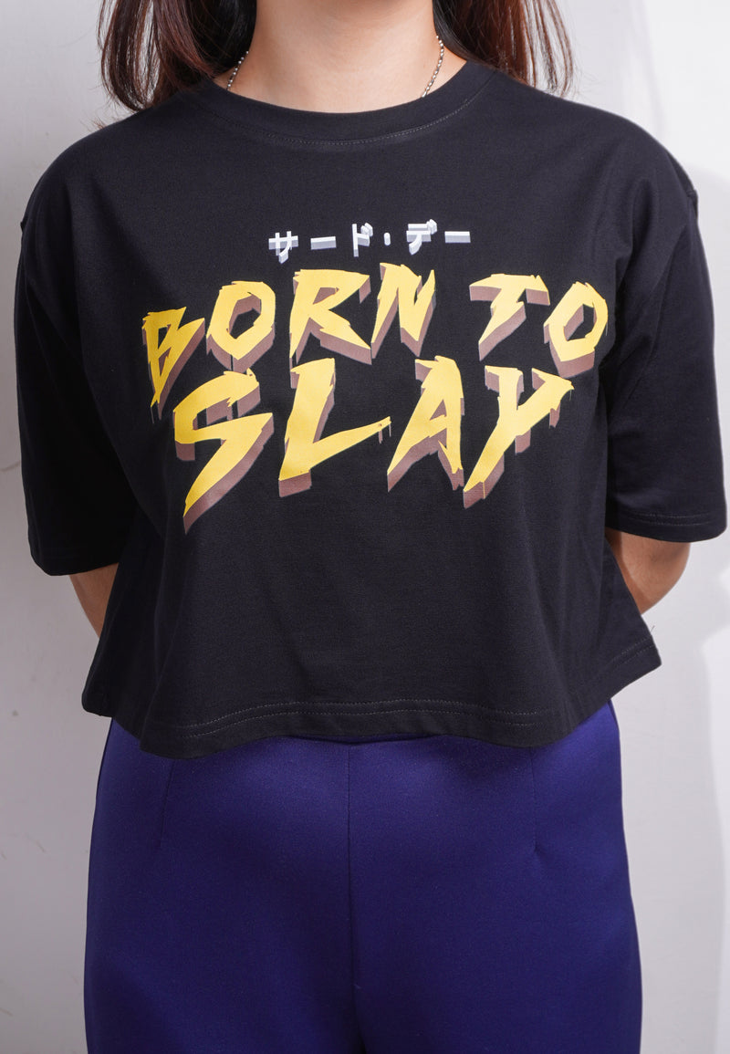 TDLA LTE52 oversize crop top OLC wanita tulisan jepang born to slay hitam