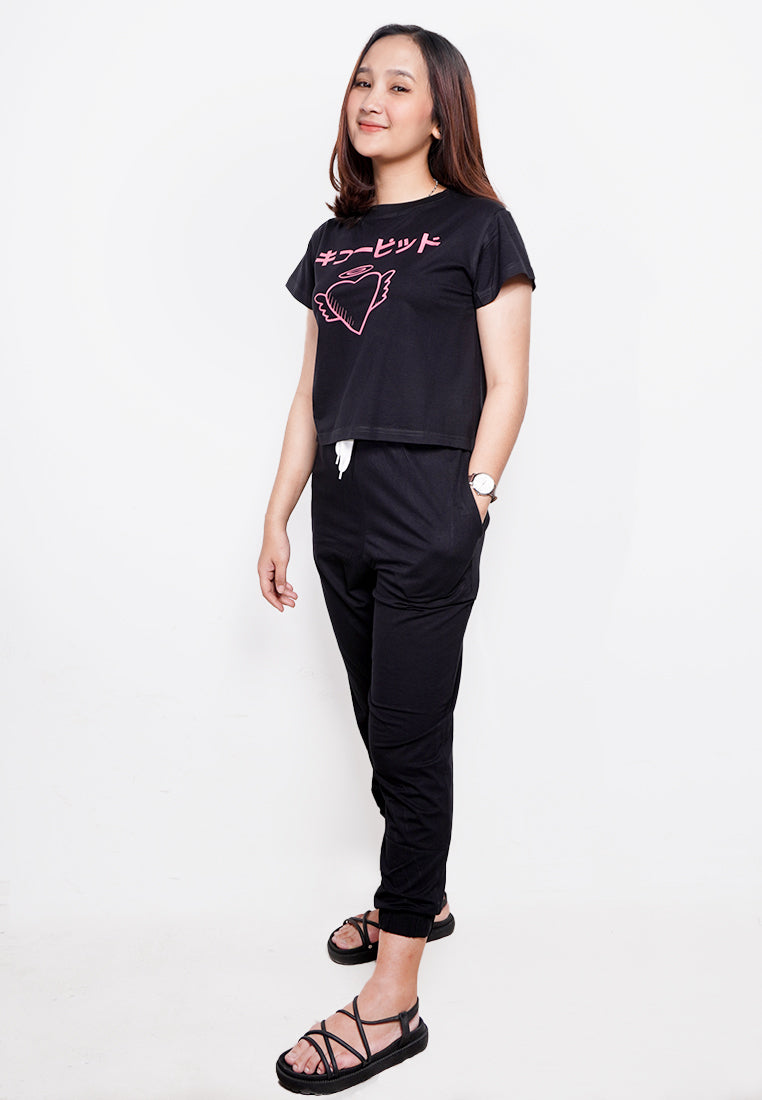 LTE74 oversize crop top OLC anime tulisan jepang pink cupid hitam