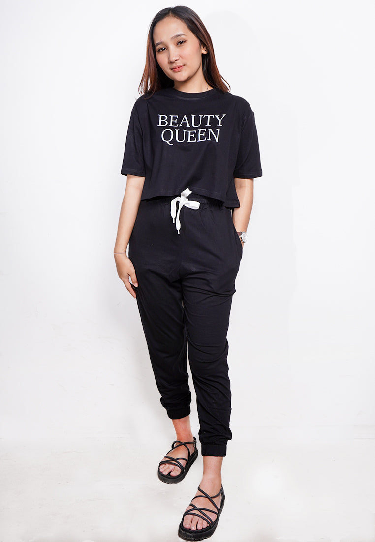 LTE70 kaos oversize OLC crop top BEAUTY QUEEN hitam