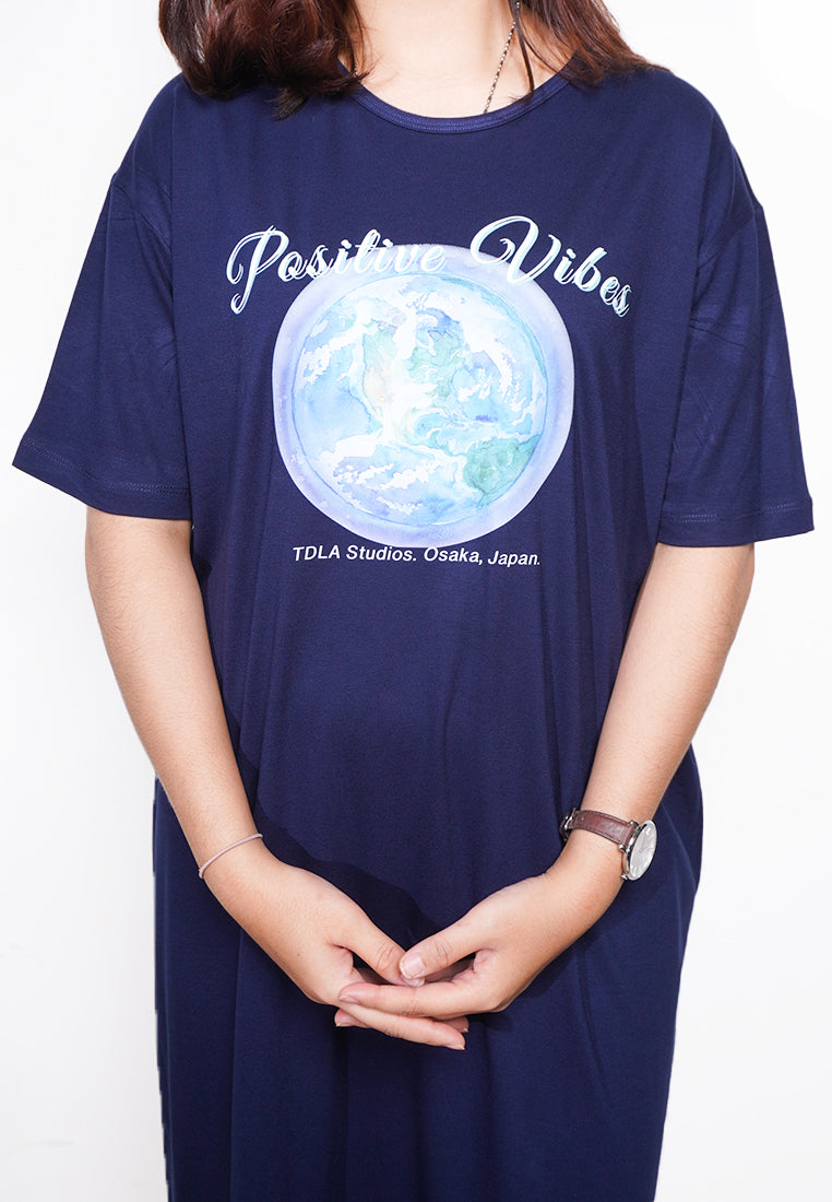 LTE81 ld kaos oversize dress wanita positive vibes earth navy