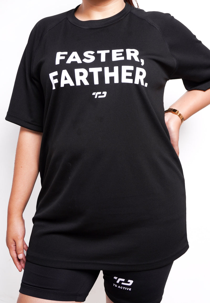 LSB12 kaos olahraga tangan pendek unisex lari running FASTER FARTHER hitam