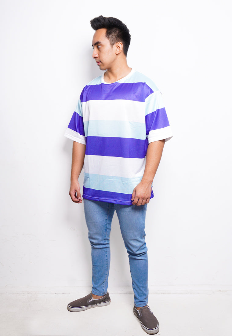 NX005 kaos oversize belang stripe light scuba blue biru muda putih putih