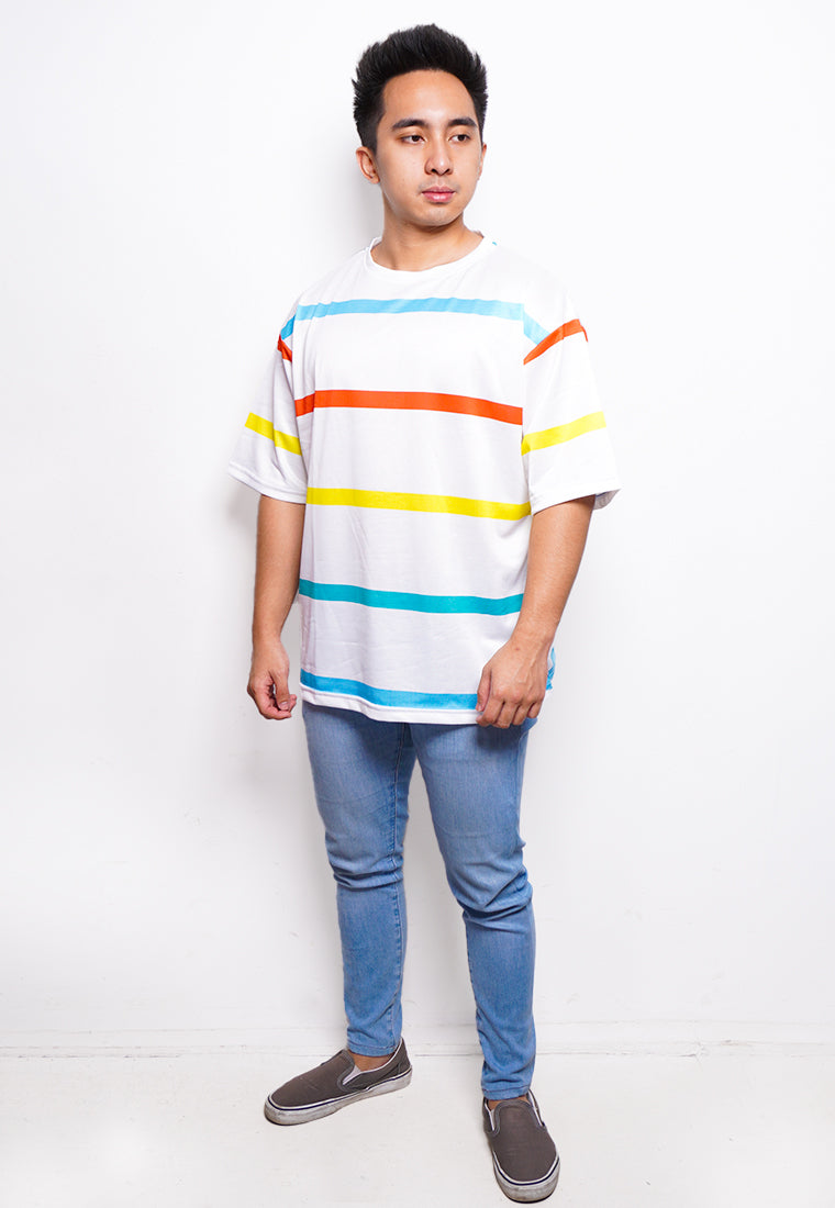 NX007 kaos oversize belang tipis stripe light scuba merah kuning hijau biru putih