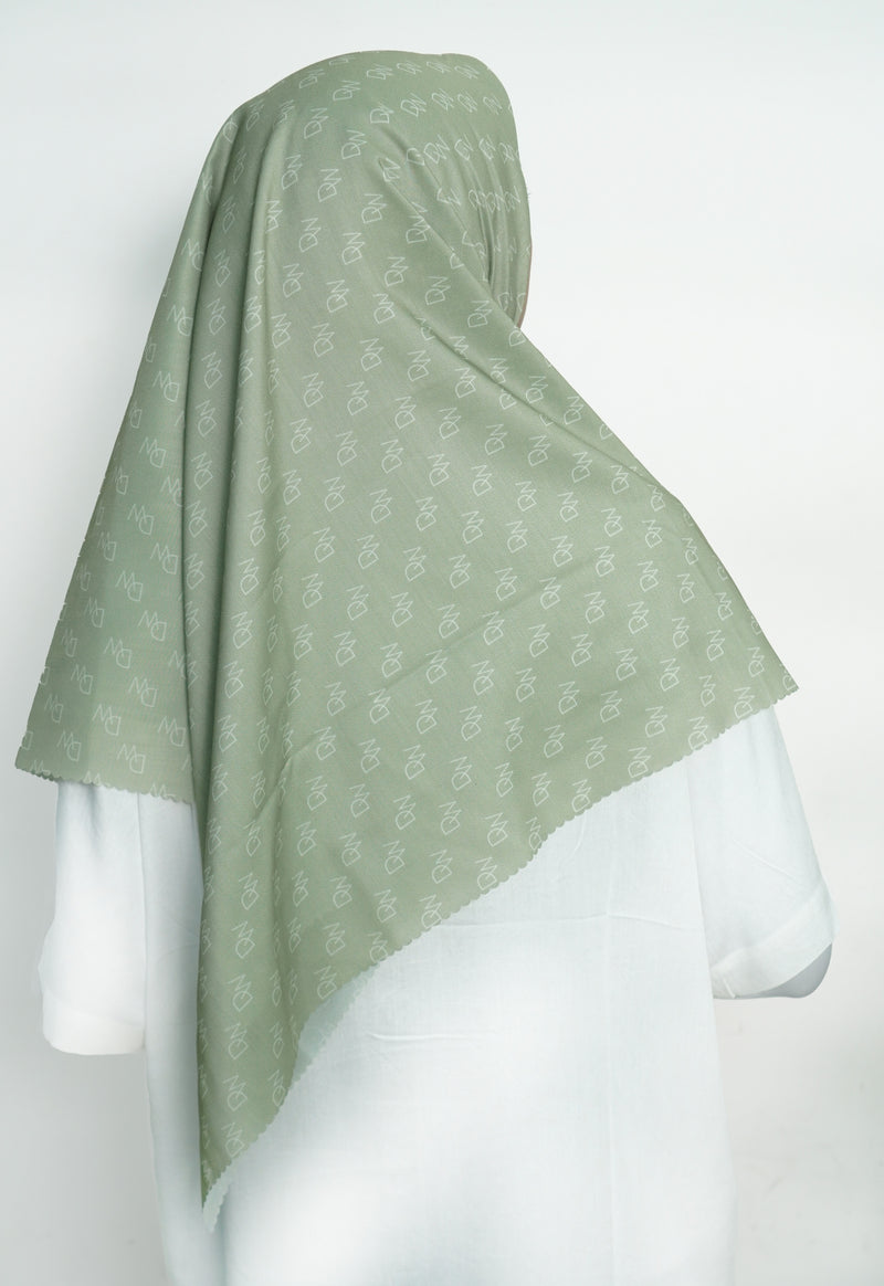 WK054 Kerudung Segi Empat Sage Green Anti Mleyot Anti Kusut Motif Premium Monogram DAW Project Hijau Sage Pastel