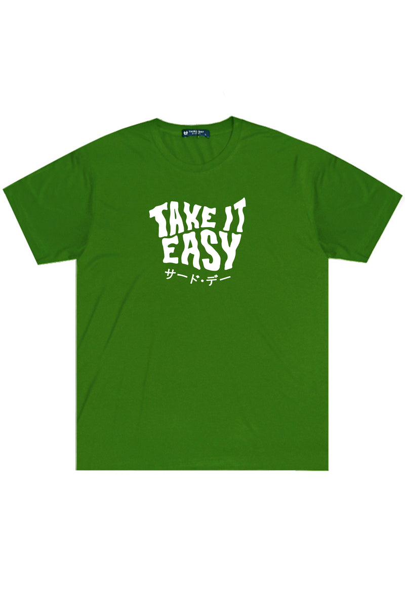 MTO71 kaos tulisan jepang lucu take it easy katakana thirdday distro pria cowok regular fit tangan pendek instacool short sleeve summer green hijau