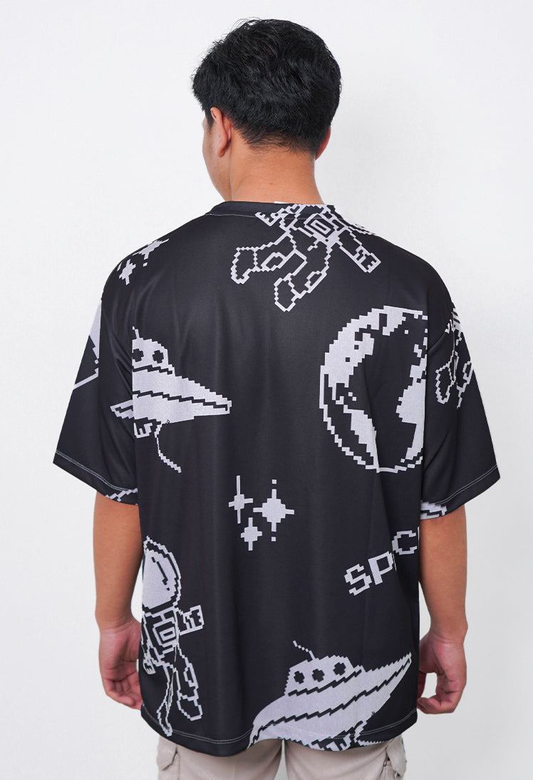 NX018 kaos oversize astronot cowok cewek unisex full print efek rajut knitted bahan tebal hitam putih