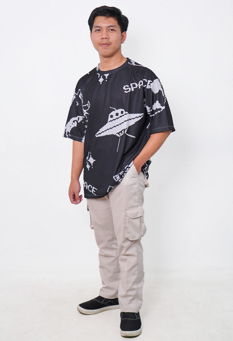 NX018 kaos oversize astronot cowok cewek unisex full print efek rajut knitted bahan tebal hitam putih