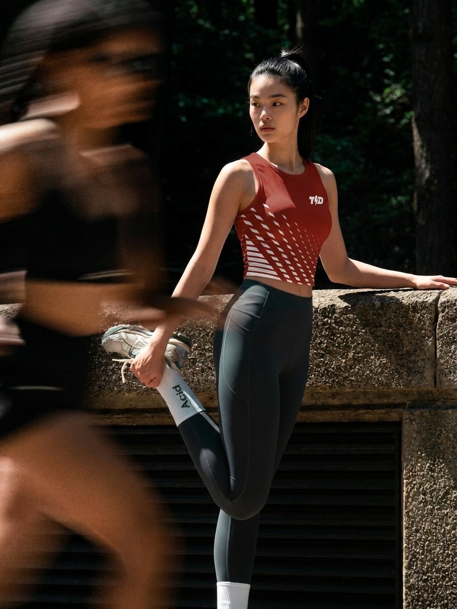 Woman in full-length leggings stretching against a low wall in a sunlit forest clearing.