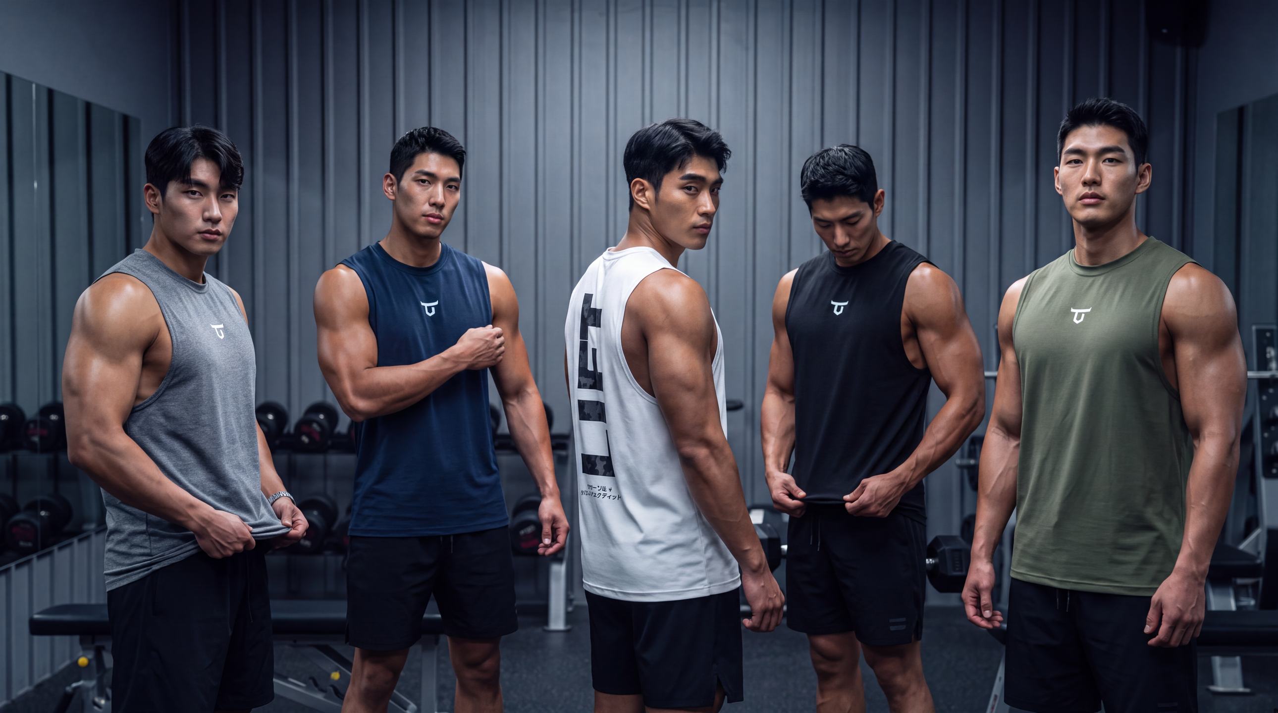 Five men in Third Day training tanks and shorts, standing together in a gym.